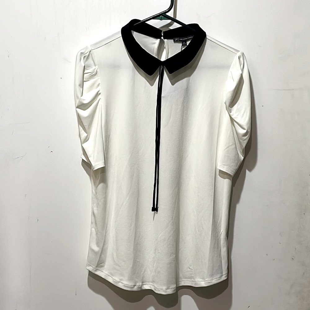Adrianna Papell >> tie black and ivory puff sleeve dress tops